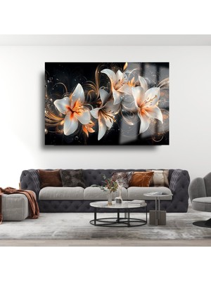 Işıklar Içinde Altın Tozlu Çiçekler Lüks Kırılmaz Cam Tablo Ev Hediyesi Tablo