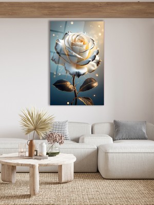 Marsilyan Soyut Beyaz Gül Siyah Gold Dikey Cam Tablo, Modern Ev Ofis Duvar Dekoru, Hediyelik Tablo Dekor