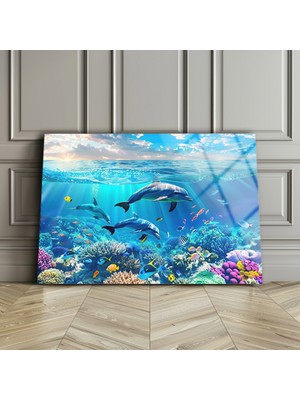 Marsilyan Yunus Balıkları Cam Duvar Dekoru , Modern Cam Tablo , Temperli Cam Üzerine Uv Baskı , Ultra Kalite