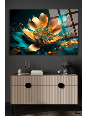 Lüks Gold Çiçek Görseli 4mm Kırılmaz Temperli Yüksek Çözünürlüklü Cam Tablo