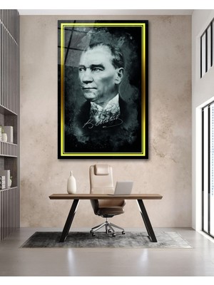 Sarı Çerçeve Görünümlü Atatürk Imzası Cam Tablo