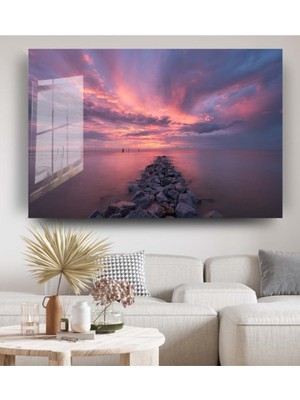 Marsilyan Doğa Gün Batımı ve Taşlık Iskele Cam Tablo, Doğa Tablo, Gün Batımı Tablo,duvar Dekor,cam Duvar Tablo