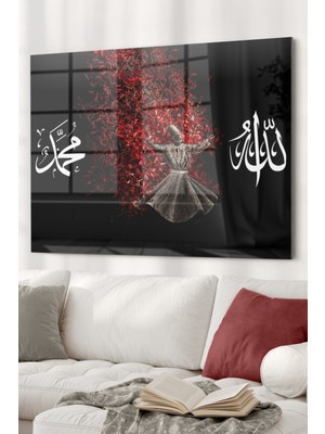 Allah Muhammed Yazılı ve Semazen | Dini Temalı Cam Tablo | 50X70 cm