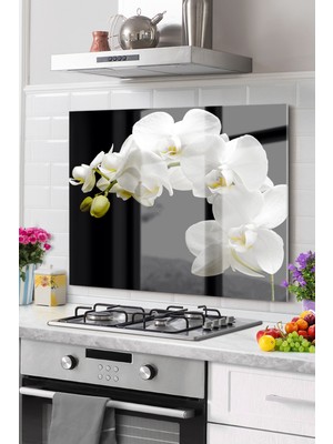 Marsilyan Premium Mutfak Cam Ocak Arkası Koruyucu Tezgah Ankastre Arkası Koruyucu 50X76CM | Çiçek Siyah