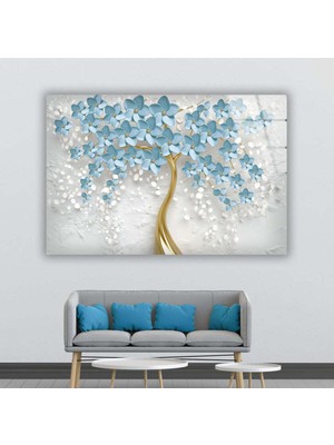 Marsilyan Beyaz Çiçekli Ağaç Temperli Cam Duvar Tablosu
