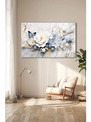Marsilyan Mermer Üzerinde Beyaz Kelebekli Çiçek Lüks Kırılmaz Cam Tablo Ev Hediyesi Tablo