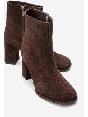 Luvi Napolı Kahverengi Süet Hakiki Deri Kadın Kalın Topuklu Bot