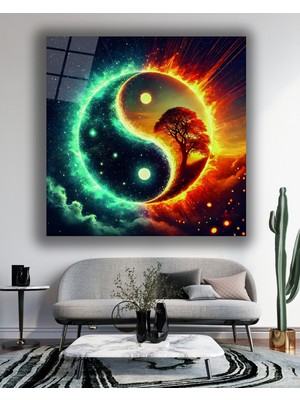 Ying Yang Içinde Hayat Ağacı Kare Cam Tablo