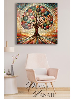 Rengarenk Hayat Ağacı Kare Cam Tablo, Modern Ev Salon Ofis Dekorasyonu Büyük Duvar Dekoru