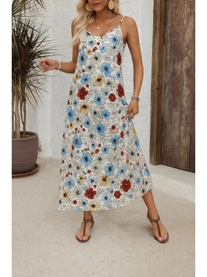 Çamaşır Kenti Kadın Ip Askılı Geniş V Yakalı Desenli Süprem Elbise