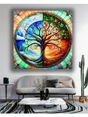 Renkli Hayat Ağacı Kare Cam Tablo