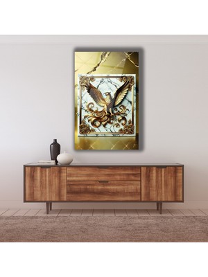 Marsilyan Beyaz Mermer Arkaplan Altın Kartal Cam Tablo