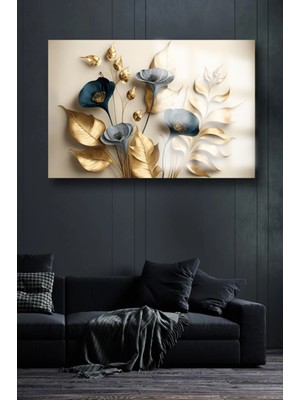 Marsilyan Gold Çiçek Detaylı Lüks Cam Tablo 4mm Ev Iş Yeri Ofis Hediyesi Tablo