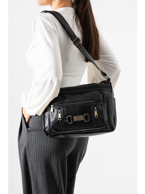 Çanta Trend Yıkama Deri Çapraz Askılı Omuz Çantası Poliüretan Deri Siyah MODEL:(571-14-16F)