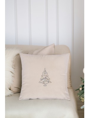 Empressco Bej Zeminli Ağaç Desenli Yılbaşı Kırlent Kılıfı 43X43