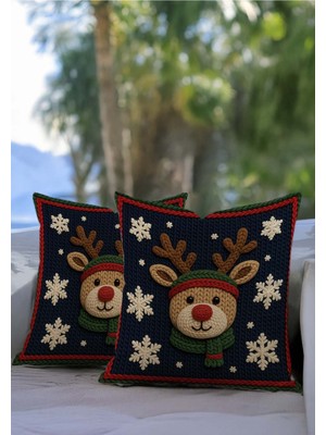 Empressco Yılbaşı Geyik Desenli Punch Nakış Kırlent Kılıfı Seti, Lacivert, Şık ve Renkli Dekorasyon