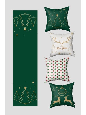 Empressco Yeşil ve Beyaz Yılbaşı Temalı Çam Ağacı ve Ren Geyiği Kırlent Kılıfı Seti