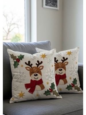 Empressco Yılbaşı Temalı 2'li Kadife Geyikli Kırlent Kılıfı 43X43 Cm, Nakış ve Dijital Baskı Set