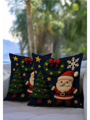 Empressco Lacivert Noel Baba ve Çam Ağacı Desenli Punch Nakış Kırlent Kılıfı 2'li Set