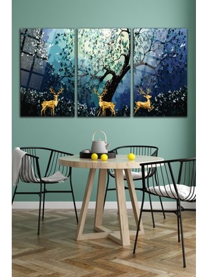 Marsilyan Üçlü Kombin Altın Geyikler Cam Tablo