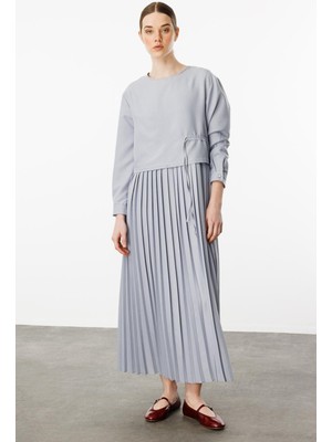 Micca Ipekçe Aller Üst Beden Pilise Kolsuz Jile Kombin Elbise Takım-Gri