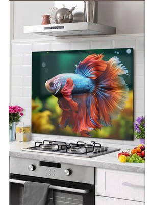 Marsilyan Cam Ocak Arkası Koruyucu Tezgah Ankastre Arkası Koruyucu 60X52 cm | Süslü Balık