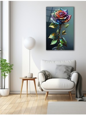 Modern Renkli Yapraklı Gül Cam Tablo