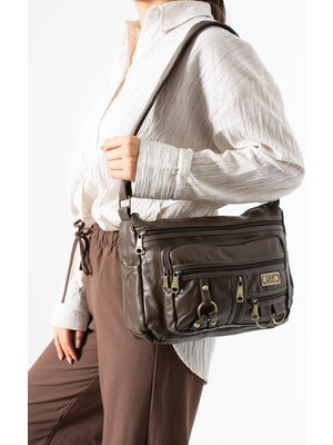 Çanta Trend Yıkama Deri Çapraz Askılı Omuz Çantası Poliüretan Deri Vizon MODEL:(571-14-16B)