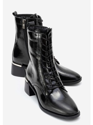 Luvi Avıa Siyah Kırışık Rugan Hakiki Deri Hakiki Deri Kadın Kalın Topuklu Bot