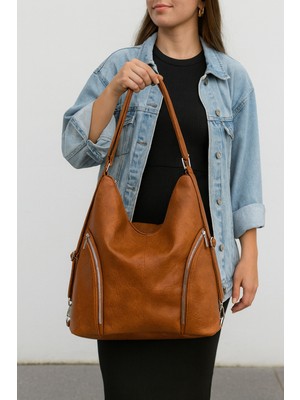 Çanta Trend Yumuşak Suni Deri Taba El Omuz ve Sırt Kullanımına Uygun Kadın Çanta 34*39 cm