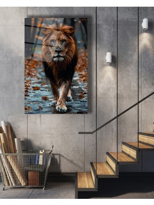 Marsilyan Ormanda Yürüyen Aslan Cam Tablo