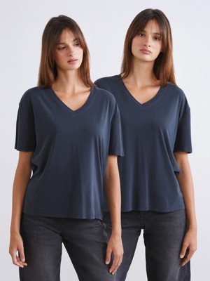 Soulife V Yaka Modal Karışımlı Kadın Tişört 2'li