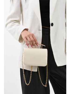 Çanta Trend *sükse Model Krem Renk Gold Detaylı Kadın El ve Omuz Çantası