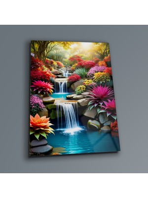 Marsilyan Şelale Cam Tablo , Doğa Duvar Dekoru , Temperli Cam Üzeri Baskı , Dikey Tablo , Asılmaya Hazır
