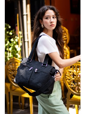 Çanta Trend Sanmorris Kadın Büyük Boy Siyah Renkli Bölmeli Suya Dayanıklı Krinkıl Kumaş Çapraz ve Omuz Çanta