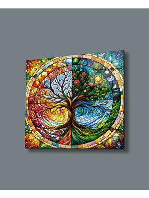 Çok Renkli Hayat Ağacı Cam Tablo