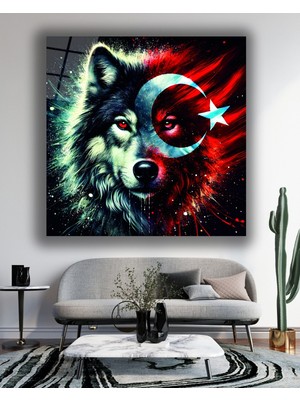 Marsilyan Bozkurt ve Türk Bayrağı Kare Cam Tablo