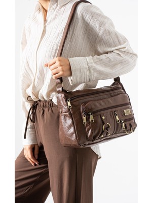 Çanta Trend Yıkama Deri Çapraz Askılı Omuz Çantası Poliüretan Deri Taba MODEL:(571-14-16B)