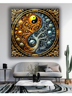 Marsilyan Ying Yang Içinde Hayat Ağacı Kare Cam Tablo