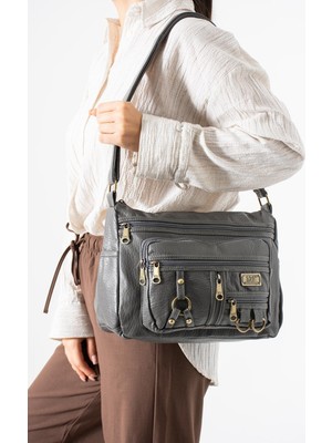 Çanta Trend Yıkama Deri Çapraz Askılı Omuz Çantası Poliüretan Deri Gri MODEL:(571-14-16B)