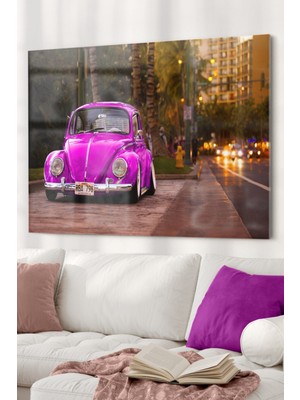 Pembe Vosvos Araba | Araba Temalı Cam Tablo | 50X70 cm