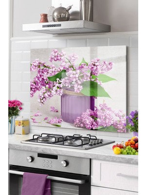 Marsilyan Premium Mutfak Cam Ocak Arkası Koruyucu Tezgah Ankastre Arkası Koruyucu 50X50CM | Çiçek Vazo Mor