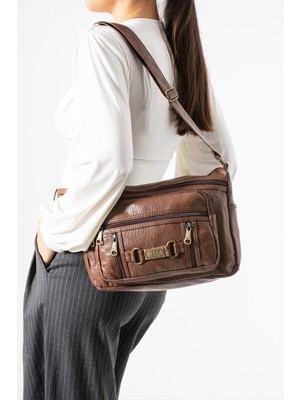 Çanta Trend Yıkama Deri Çapraz Askılı Omuz Çantası Poliüretan Deri Taba MODEL:(571-14-16F)