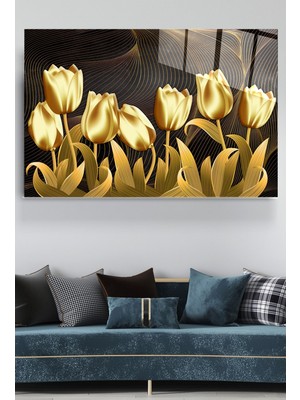 Marsilyan Gold Laleler Cam Tablo, Dekoratif Cam Tablo
