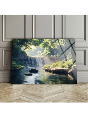 Marsilyan Şelale Cam Duvar Tablosu , Temperli Cam Üzeri Baskı , Manzara Duvar Dekoru , Asılmaya Hazır