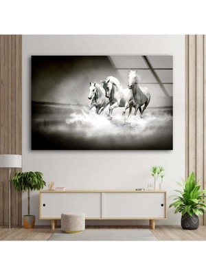 Marsilyan Beyaz Atlar Temperli Cam Duvar Tablosu