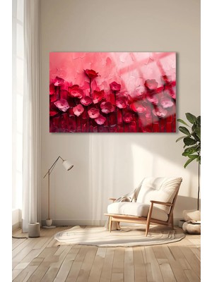 Marsilyan Kırmızı Bordo Çiçekler Yatay Cam Tablo Kırılmaz Lüks Cam Tablo Ev Hediyesi