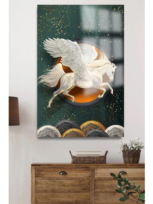 Marsilyan Gold Detaylı Kanatlı At Harika Tasarım Lüks Kırılmaz Cam Tablo 4mm Ev Iş Yeri Ofis Hediyesi Tablo