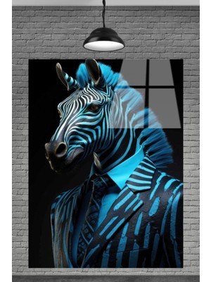 Marsilyan  Takım Elbese Giymiş Mavi Zebra Cam Tablosu