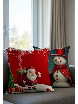 Empressco Yılbaşı Kırlent Kılıfı 2'li Set, Noel Baba ve Kardan Adam Desenli, Kırmızı Beyaz Renk